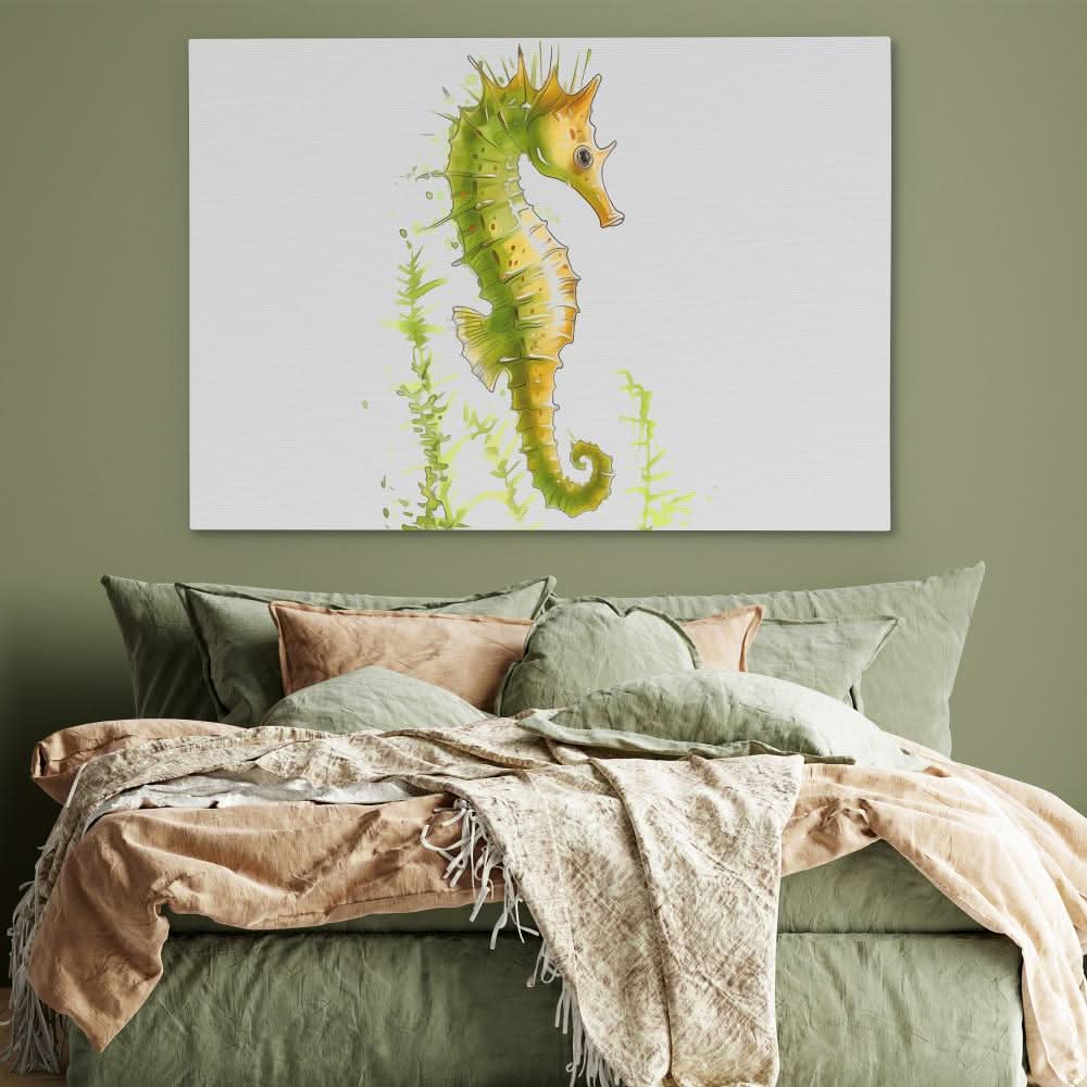 Lime Seahorse - Watercolor Green Canvas Wall Art