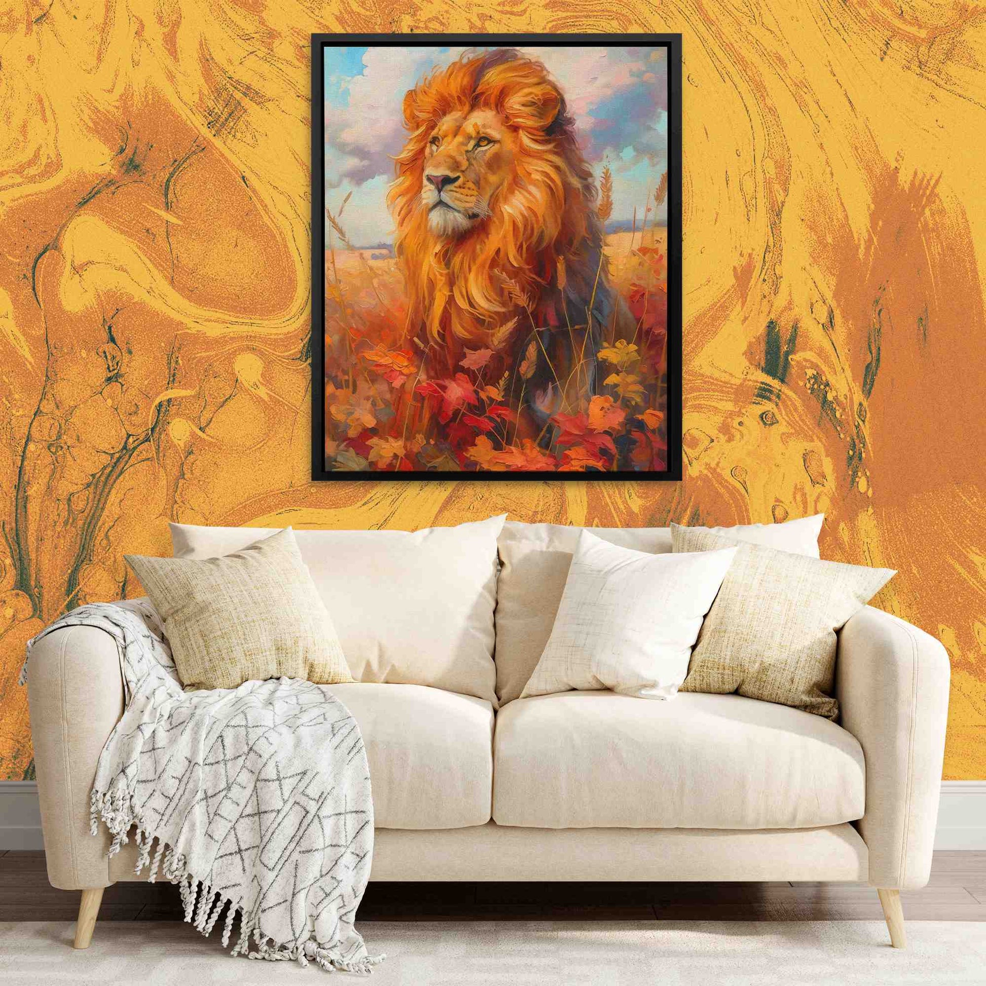 Lion in Fall - Gold Canvas Wall Art