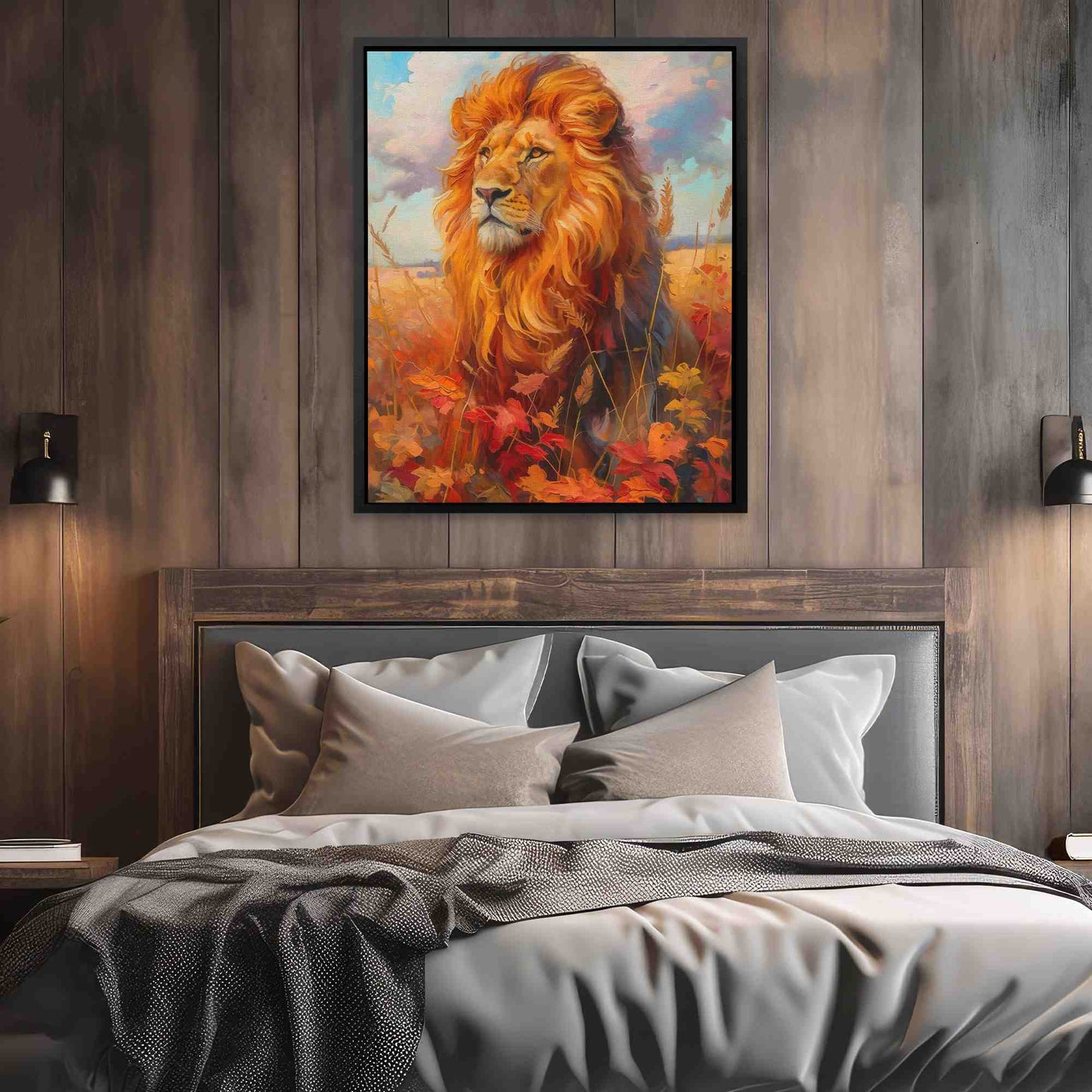 Lion in Fall - Big Cat Wall Art in Black Frame