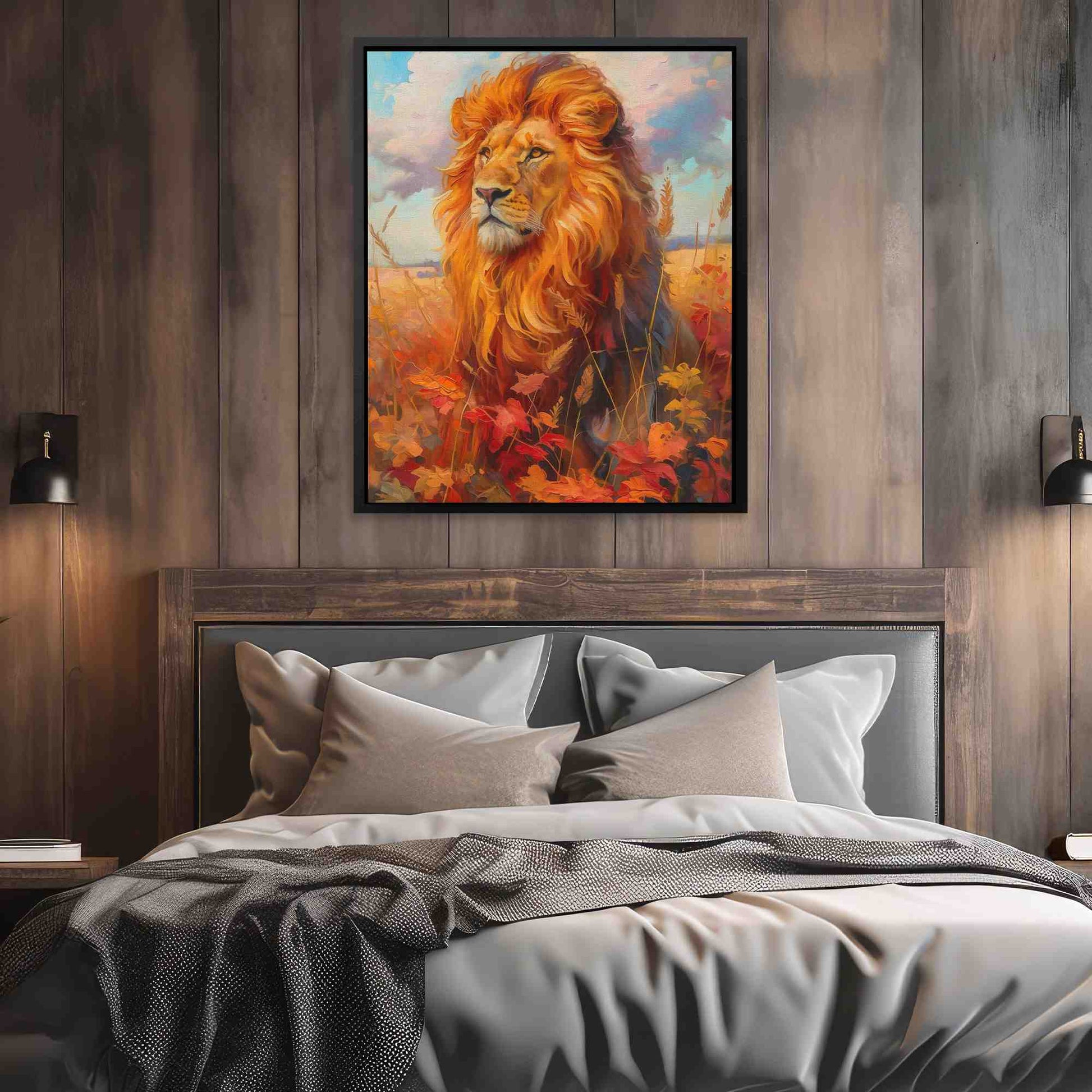 Lion in Fall - Big Cat Wall Art in Black Frame