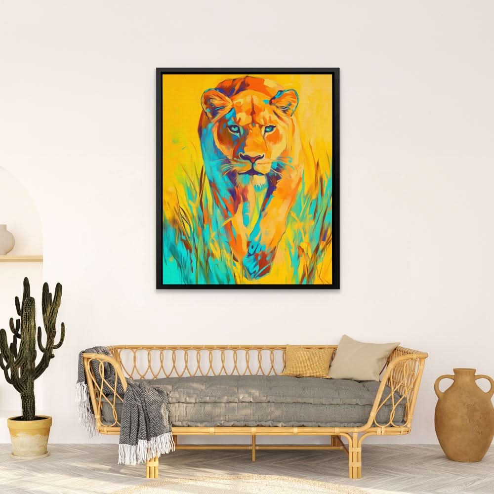 Lioness Jungle Flame - Modern Wall Art in Black Frame