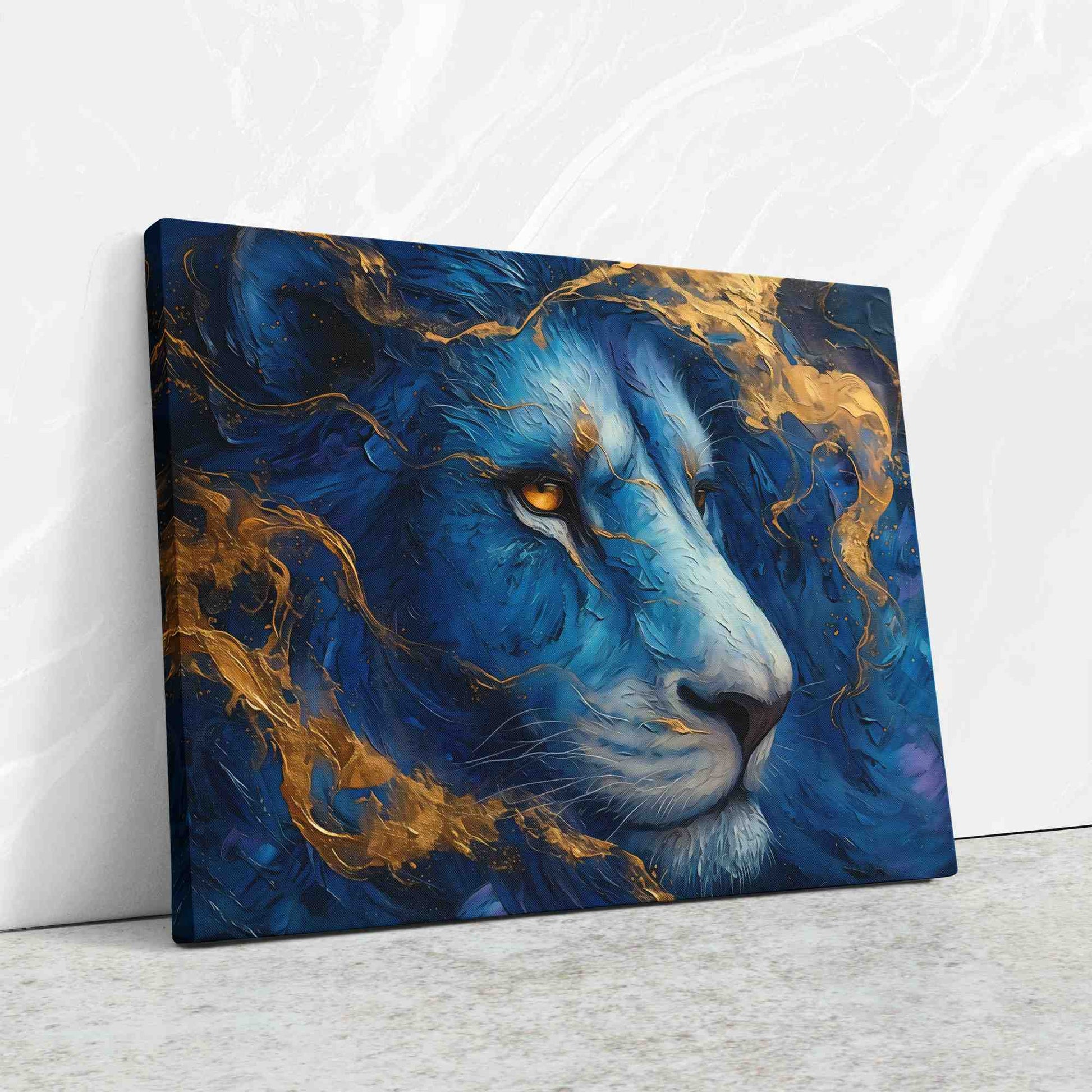 Lion's Peaceful Reign - Blue Big Cat Canvas Print