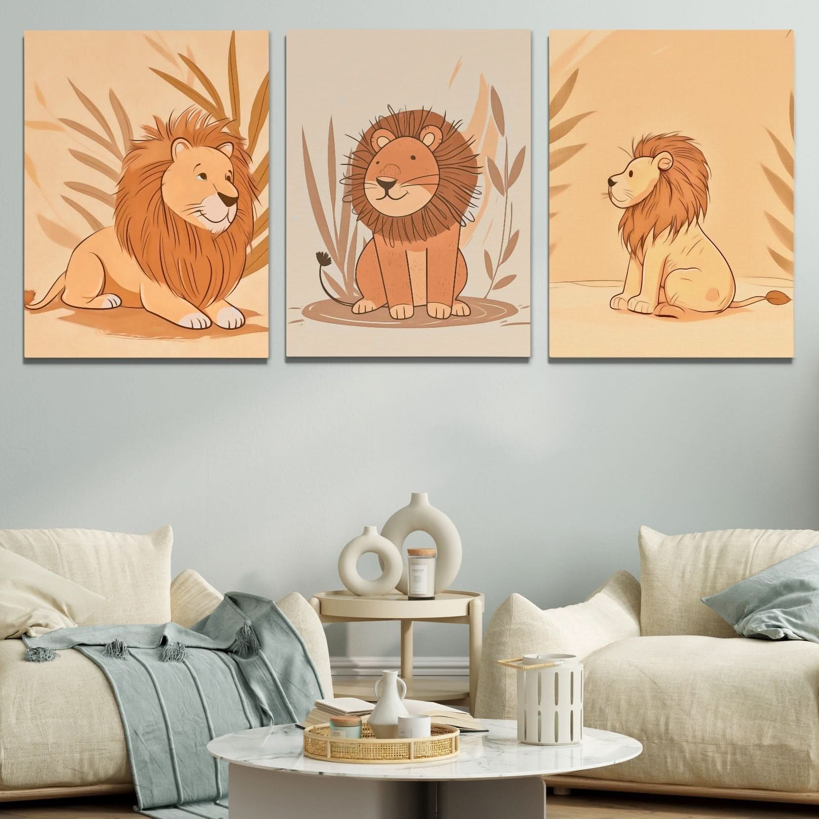 Little Lion Trio - Beige Canvas Wall Art