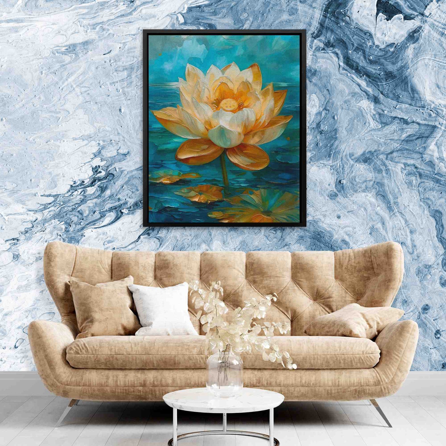 Lotus on the Lake - Blue Gold and White Art