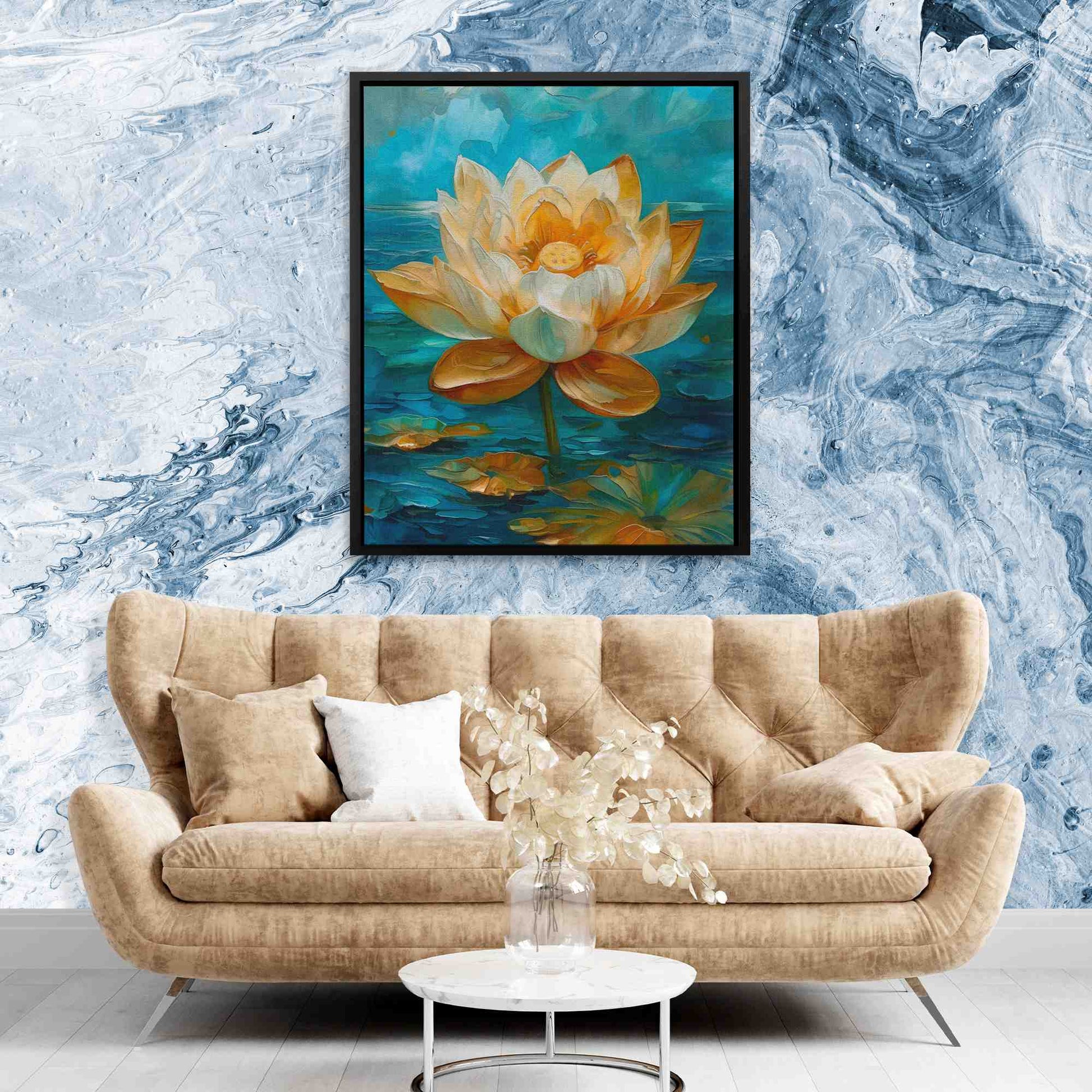 Lotus on the Lake - Blue Gold and White Art