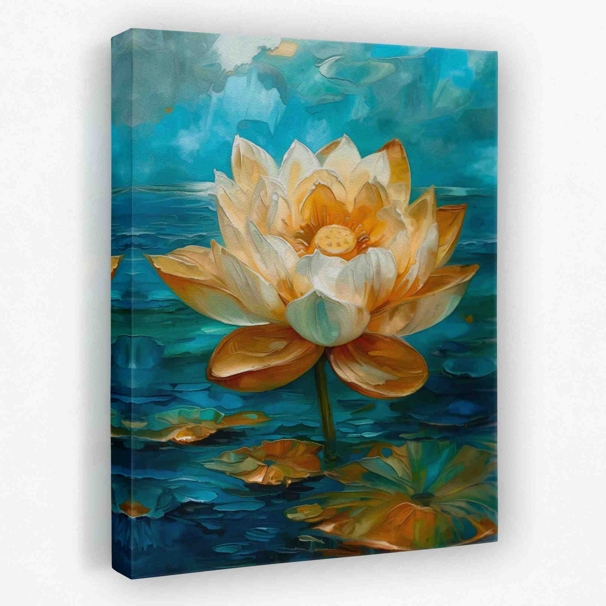 Lotus on the Lake - Blue Gold and White Canvas Wall Art