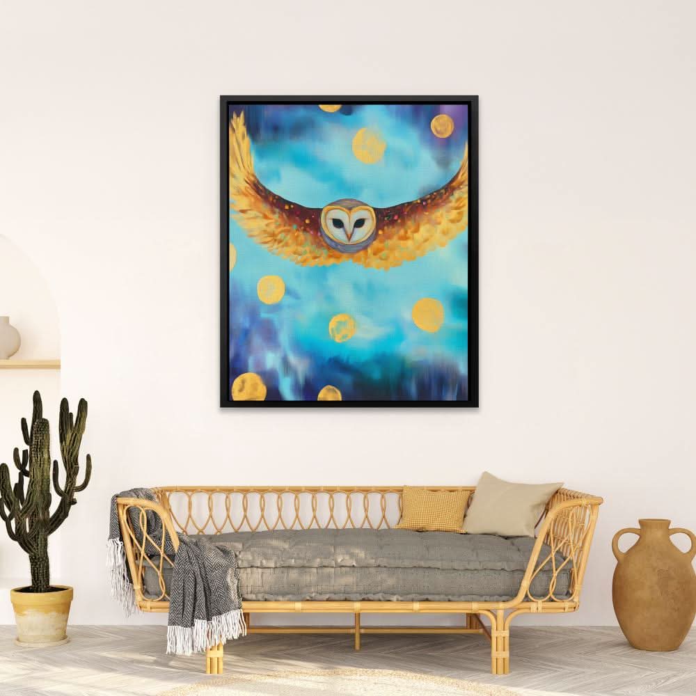 Lunar Owl - Surrealism Blue Canvas Wall Art