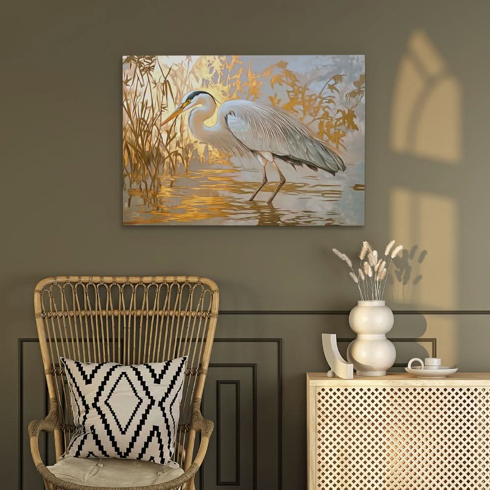 Luxurious Heron - Modern Beige Canvas Wall Art