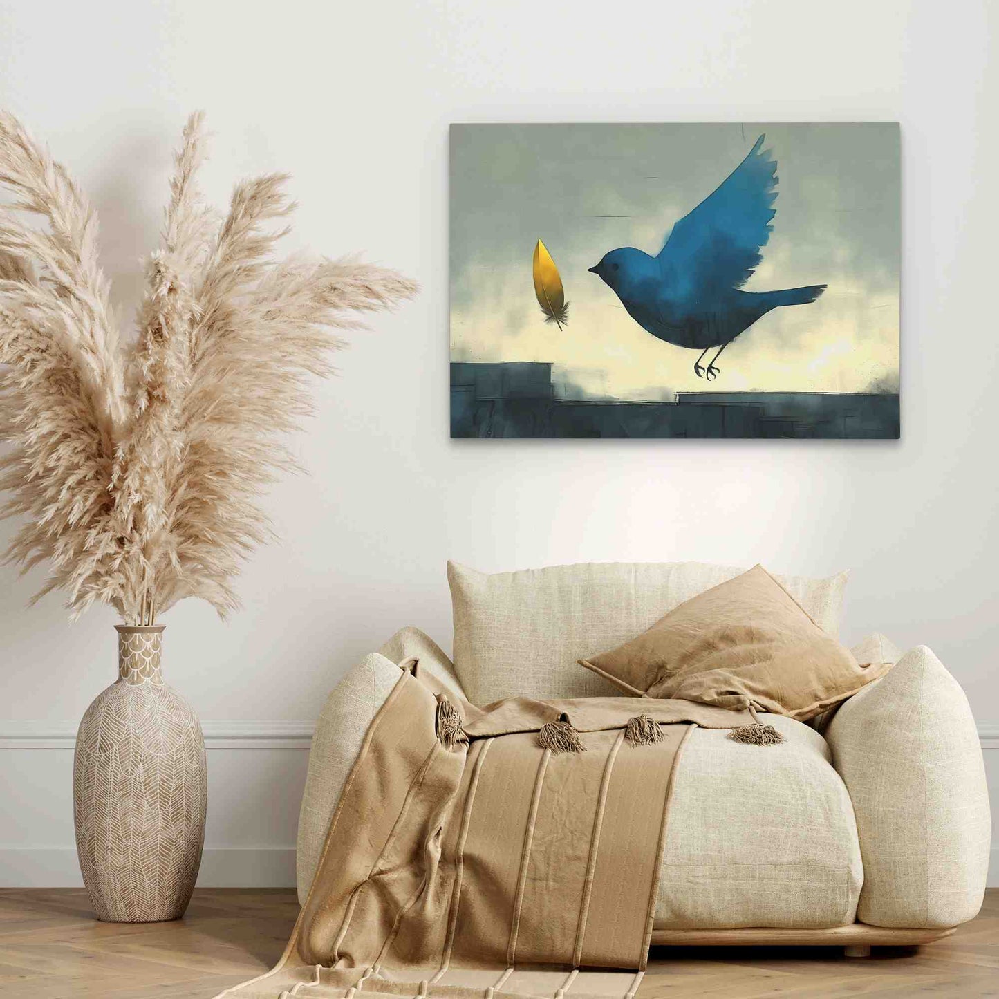 Magical Gold Feather - Blue Bird Canvas Print