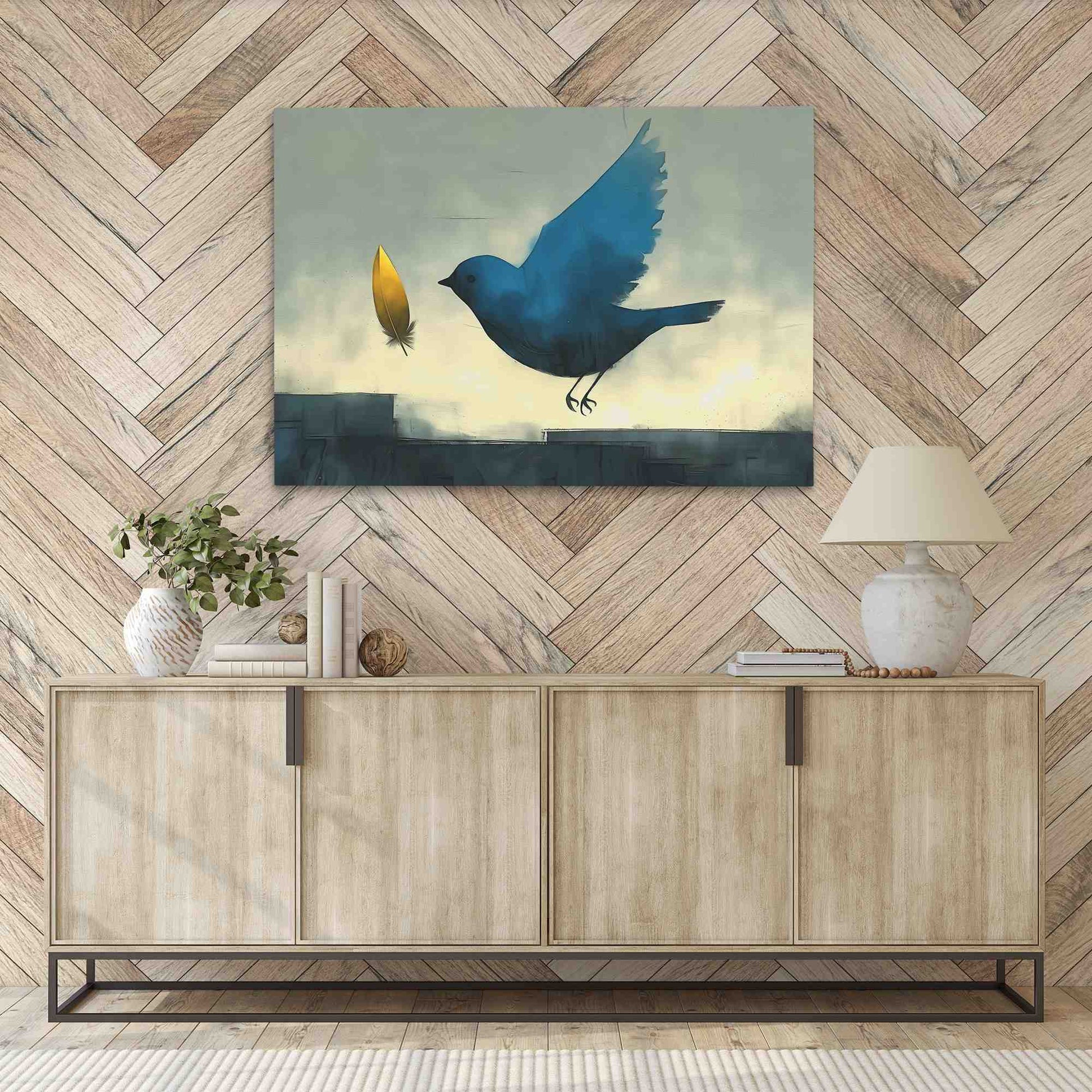 Magical Gold Feather - Abstract Blue Canvas Wall Art