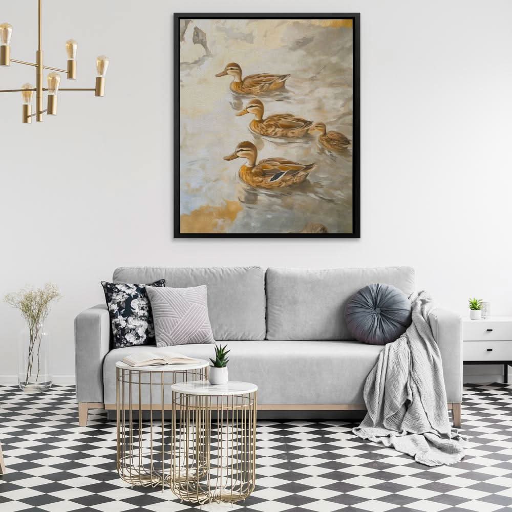 Mallard Ducklings - Minimalist Beige Canvas Wall Art