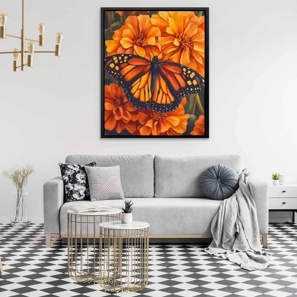 Marigold Majesty - Butterfly Wall Art in Black Frame