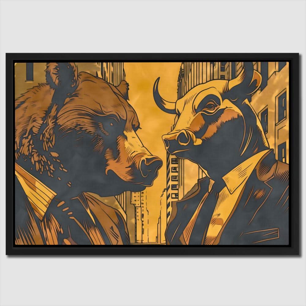 Market Rivalry - Bull Wall Art in Black Frame