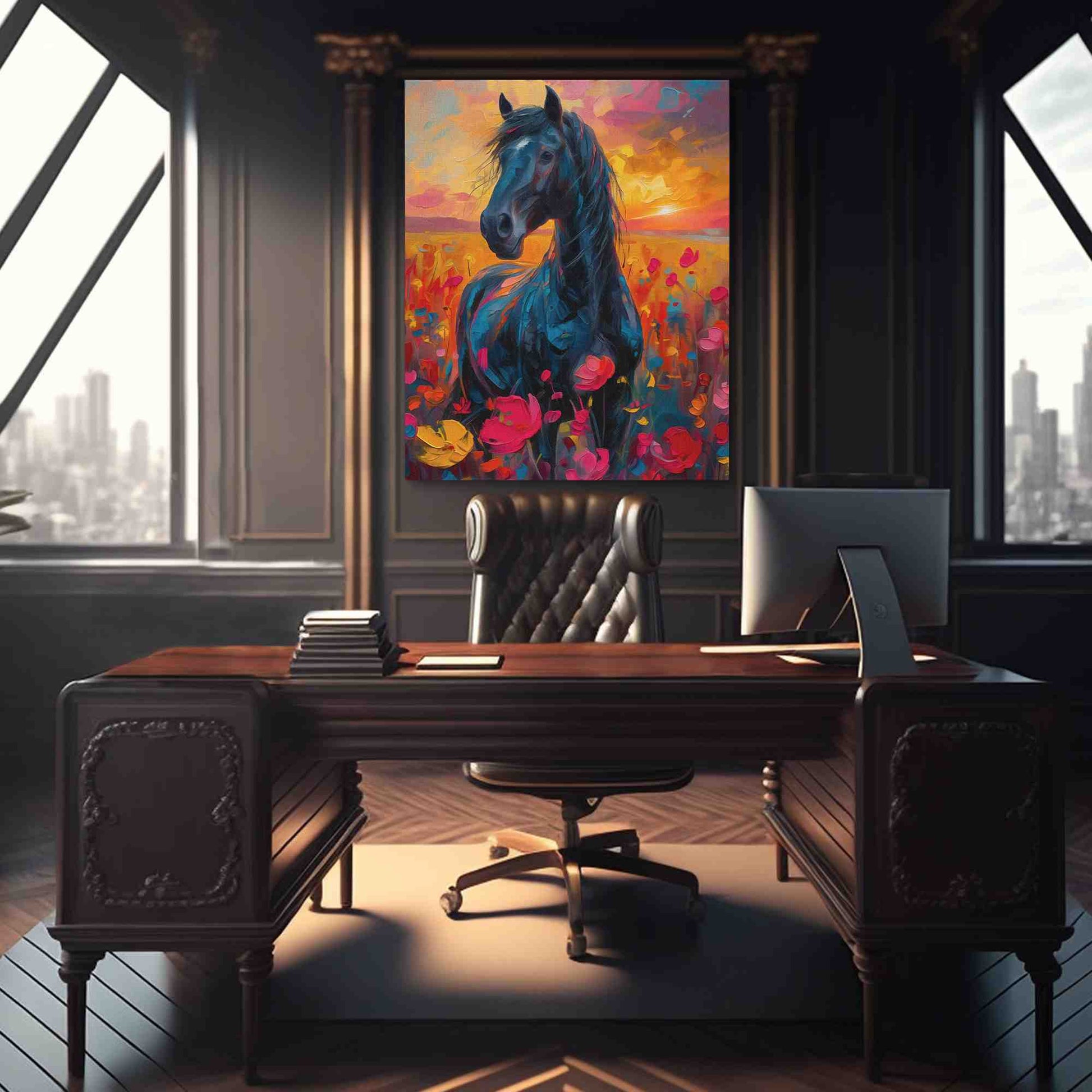 Meadow Charm - Black Horse Art for Bedroom