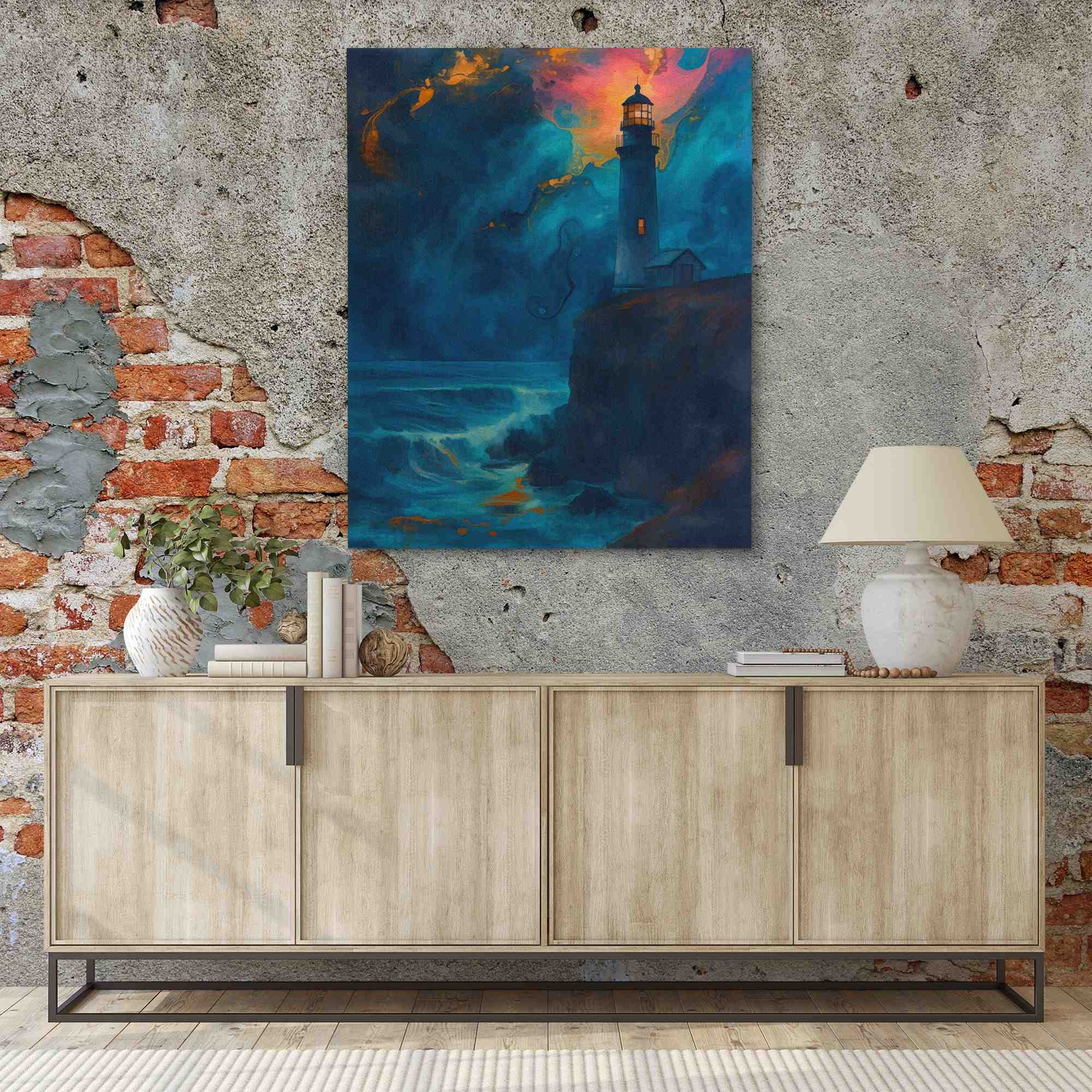 Midnight Lighthouse - Surrealism Wall Art in Black Frame