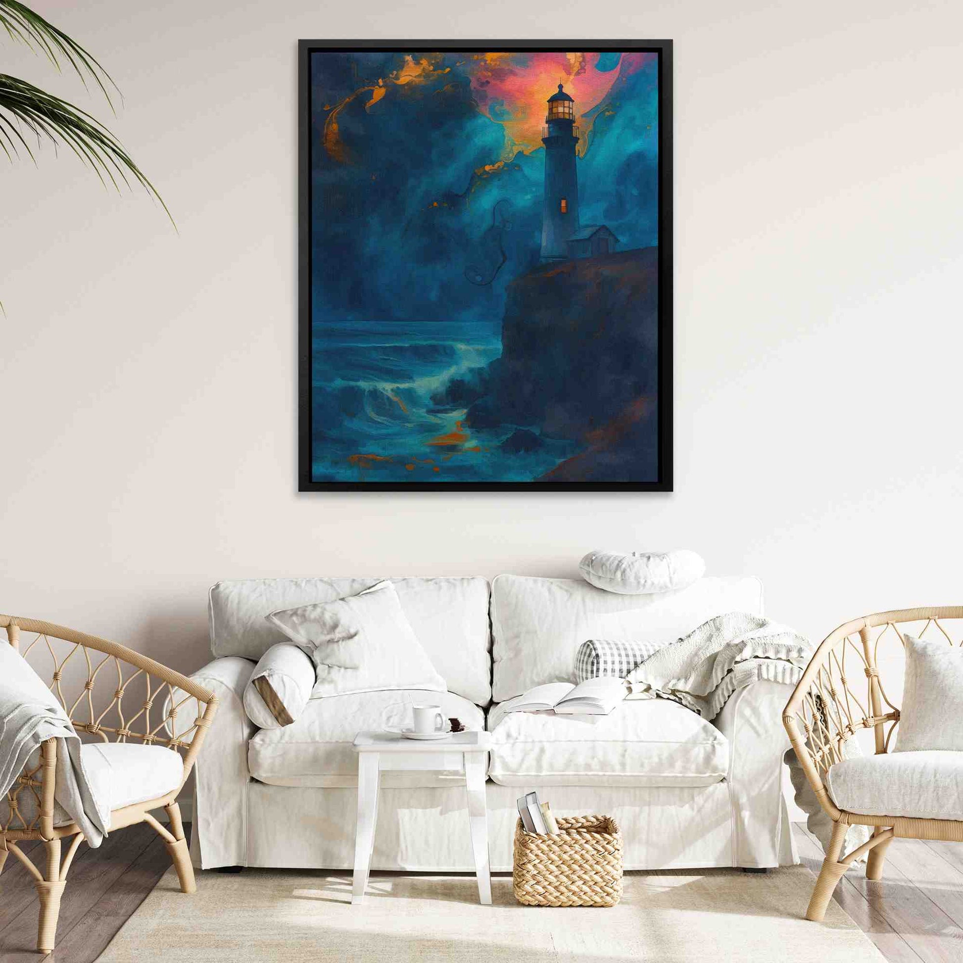 Midnight Lighthouse - Dark Blue Wall Art in Black Frame