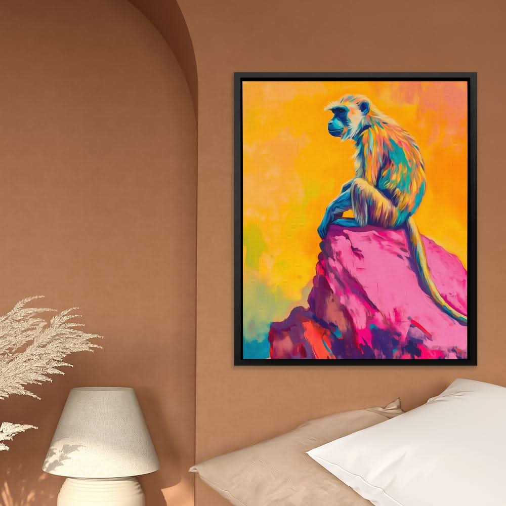 Monkey Sitting on the Cliff - Orange Canvas Wall Art