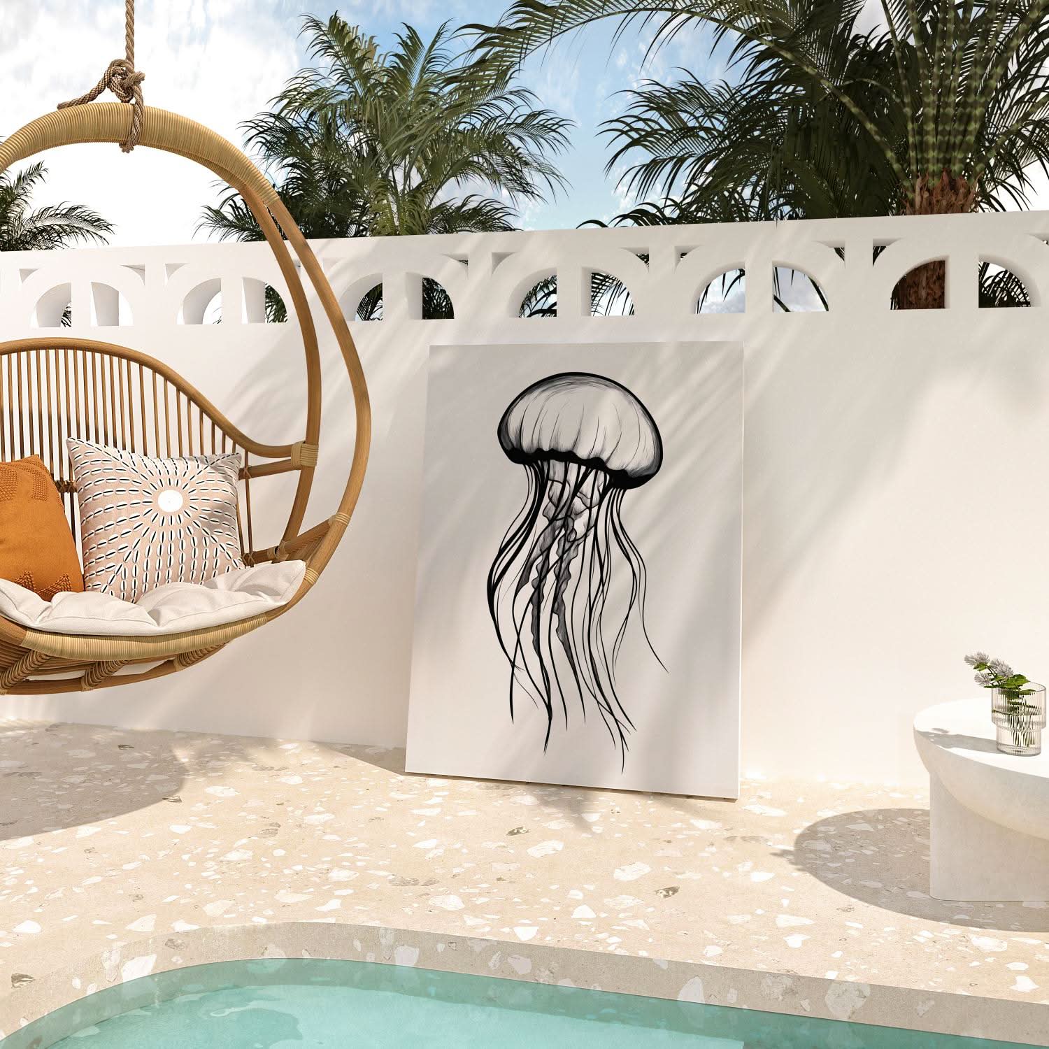 Monochrome Jellyfish - Minimalist Wall Art in Black Frame