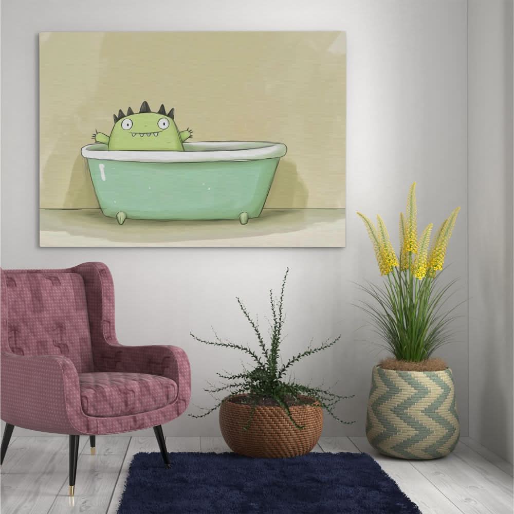 Monster Relaxing in Tub - Green Canvas Wall Art