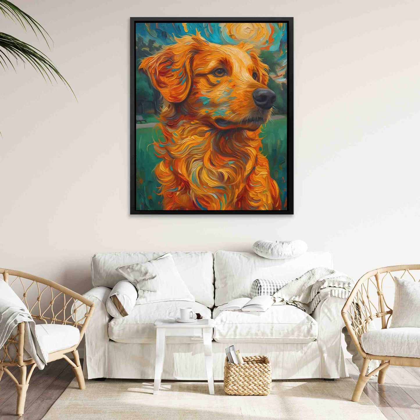 Moonlit Golden Retriever - Surrealism Wall Art in Black Frame