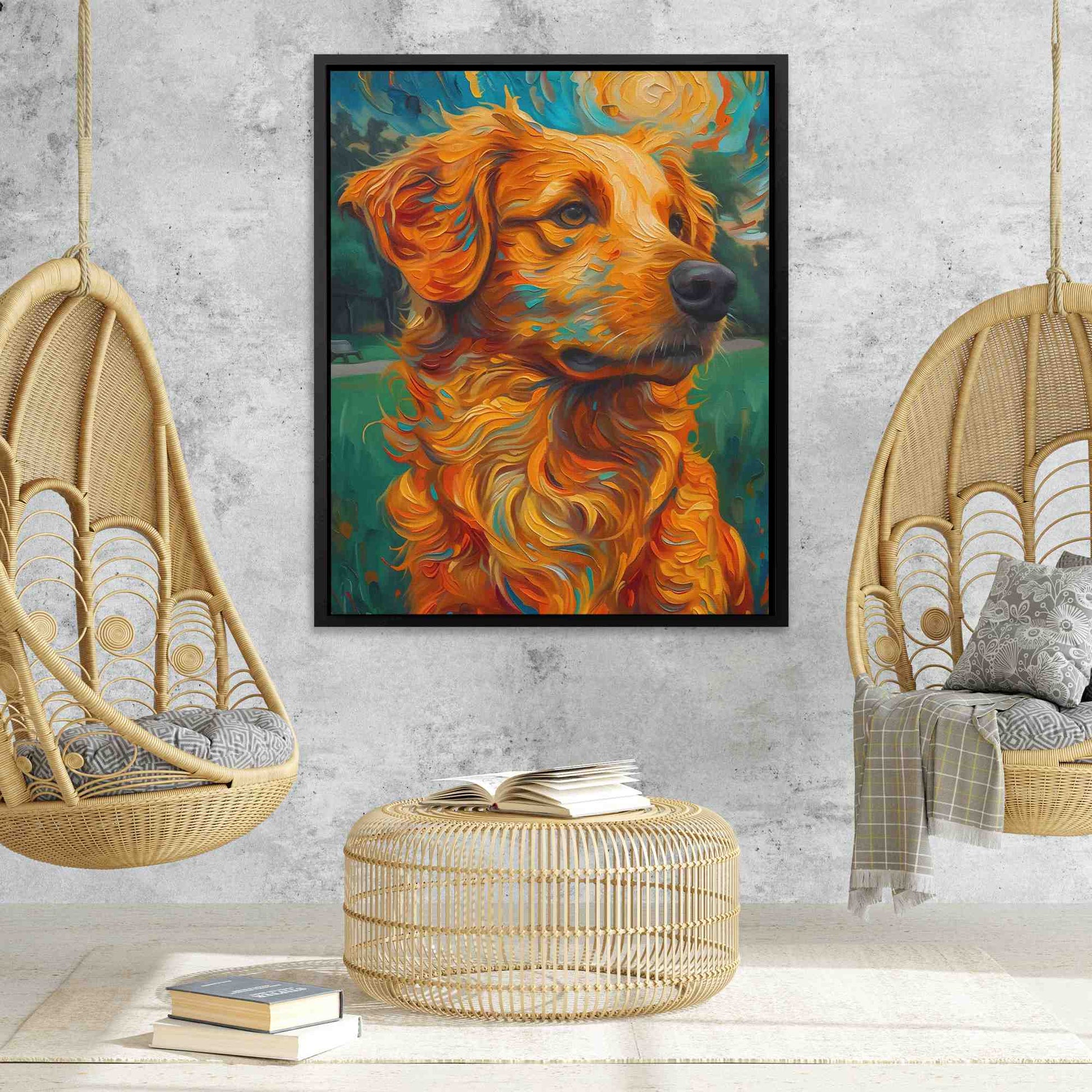 Moonlit Golden Retriever - Surrealism Orange Canvas Wall Art