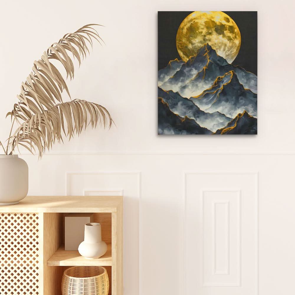 Moonlit Mountain Range - Black and Gold Moon Canvas Print