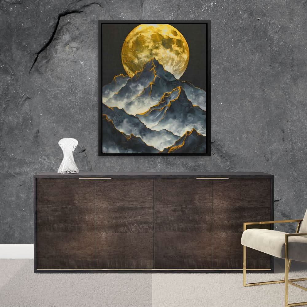 Moonlit Mountain Range - Modern Wall Art in Black Frame