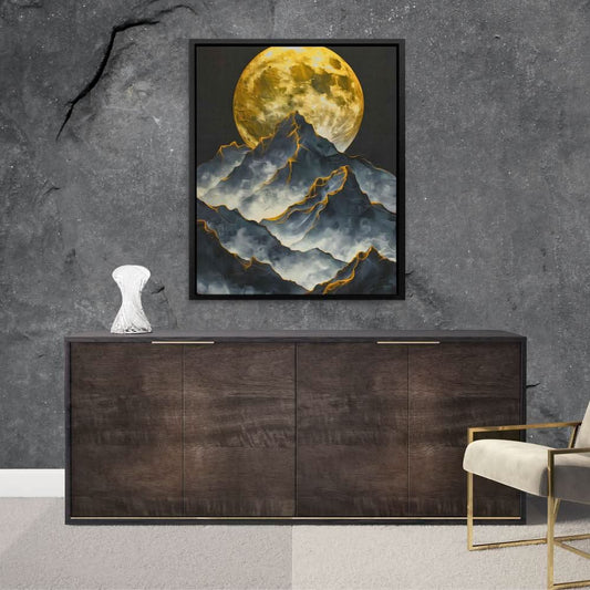 Moonlit Mountain Range - Modern Wall Art in Black Frame