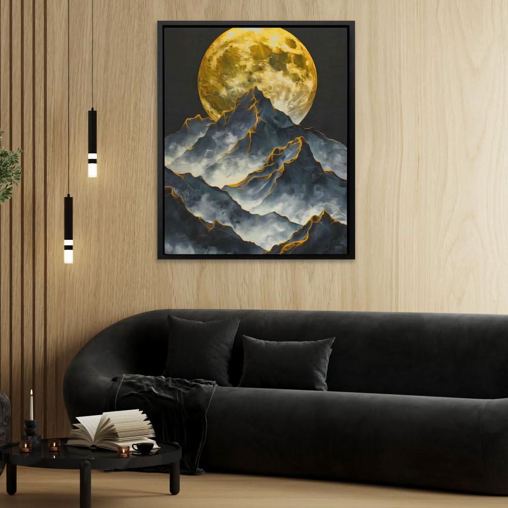 Moonlit Mountain Range - Moon Wall Art in Black Frame