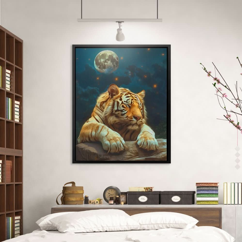 Moonlit Sleeping Tiger - Contemporary Wall Art in Black Frame