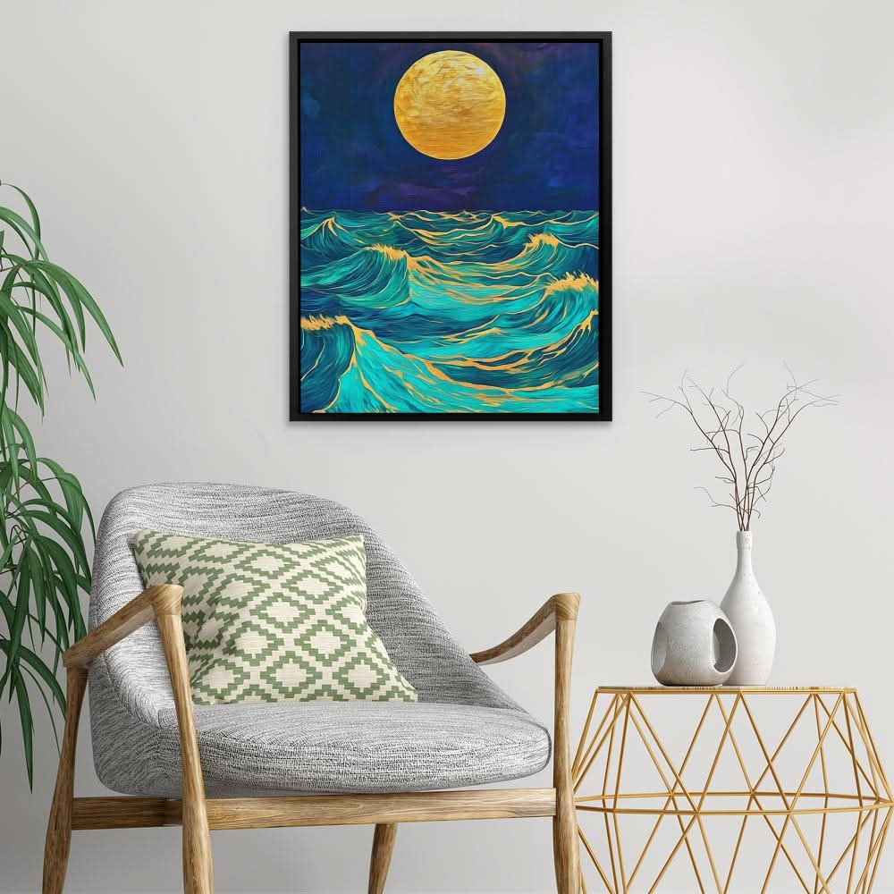 Moonlit Wave Serenade - Blue Canvas Wall Art