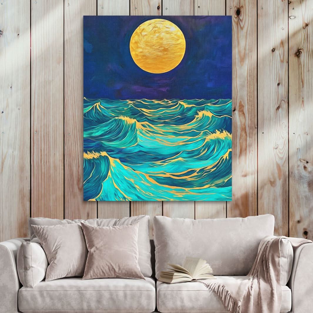 Moonlit Wave Serenade - Blue Wall Art for Bedroom