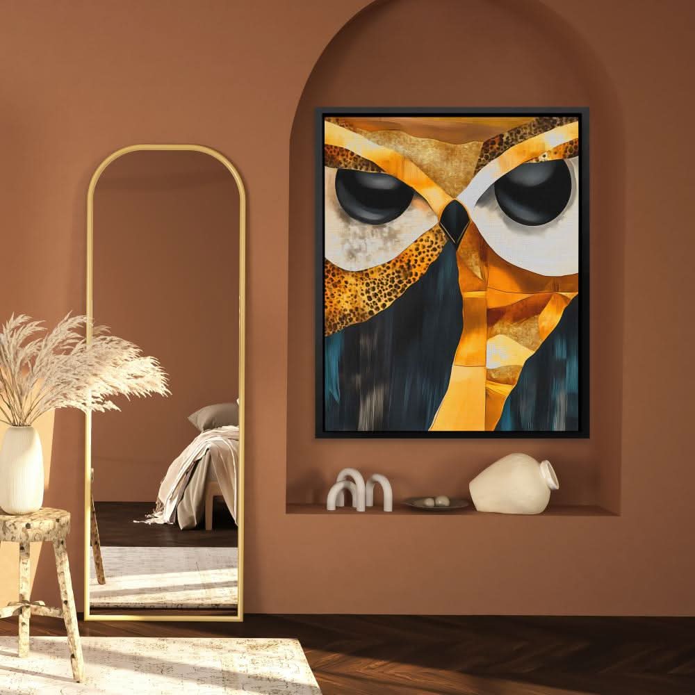Mosaic Gaze Owl - Abstract Wall Art in Black Frame
