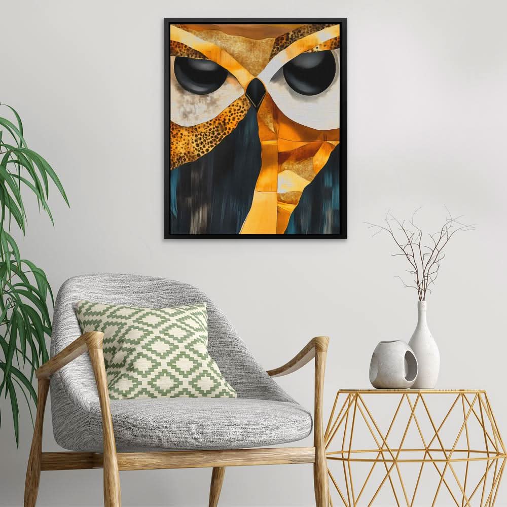 Mosaic Gaze Owl - Abstract Black and Gold Canvas Wall Art