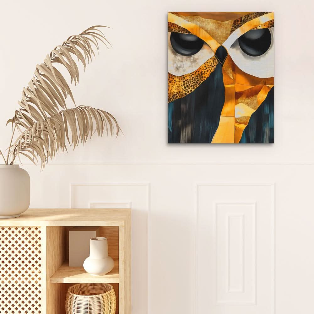 Mosaic Gaze Owl - Black and Gold Wall Art for Living Room
