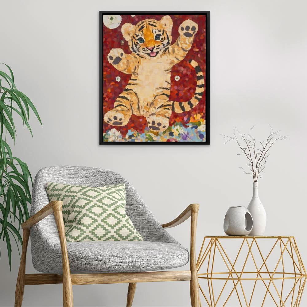 Mosaic Tiger Joy - Baby Animal Wall Art in Black Frame
