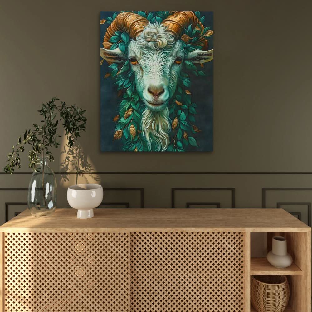 Mythical Green Goat - Fantasy Wall Art in Black Frame