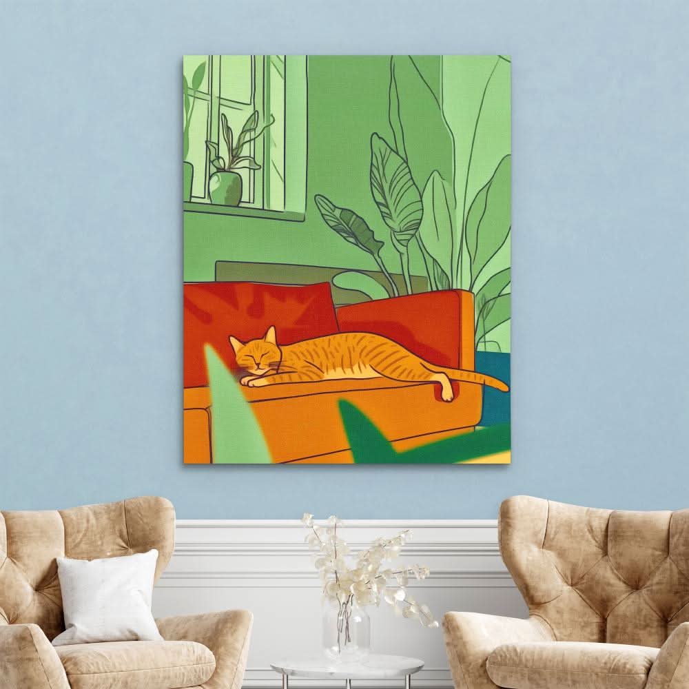 Napping Cat - Green Wall Art for Home Office