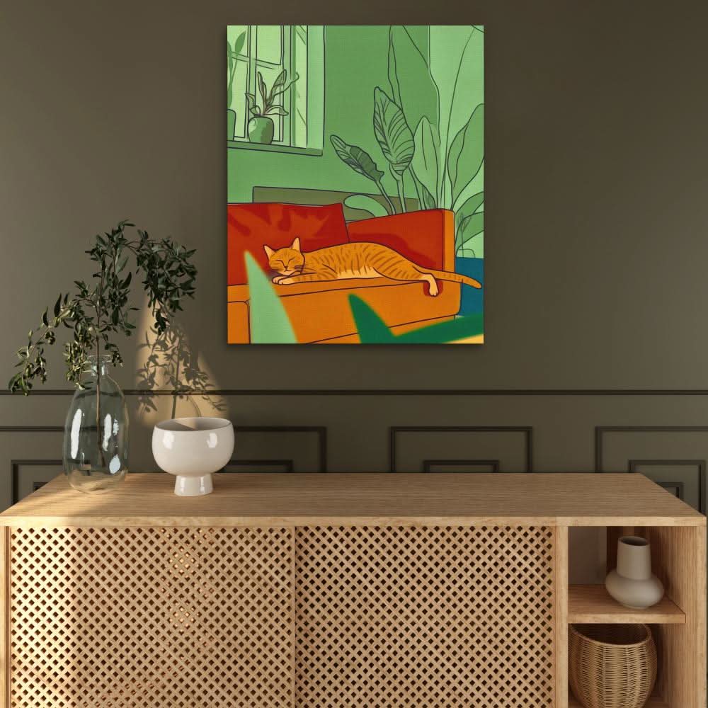 Napping Cat - Green Cat Canvas Print