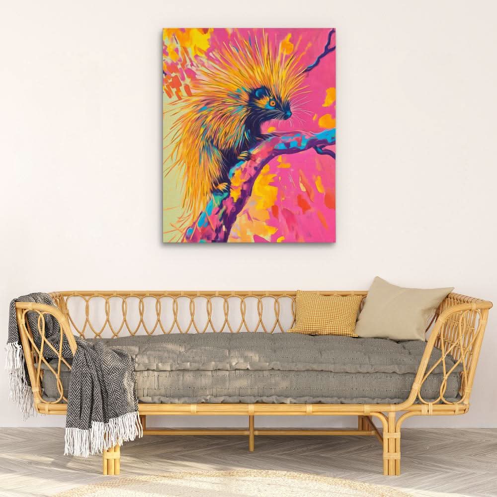 Neon Porcupine Glow - Animals Wall Art in Black Frame