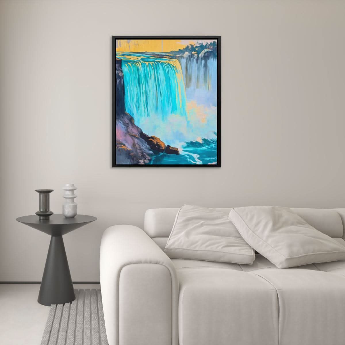 Niagara Falls in Gold and Blue - Nature Wall Art in Black Frame