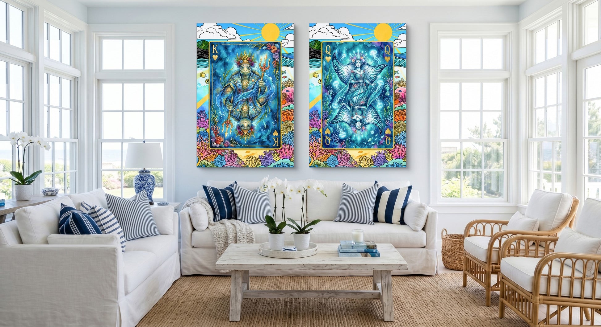 Ocean King & Queen Canvas Set - Sea Creature Cards gallery-wrap canvas in a room