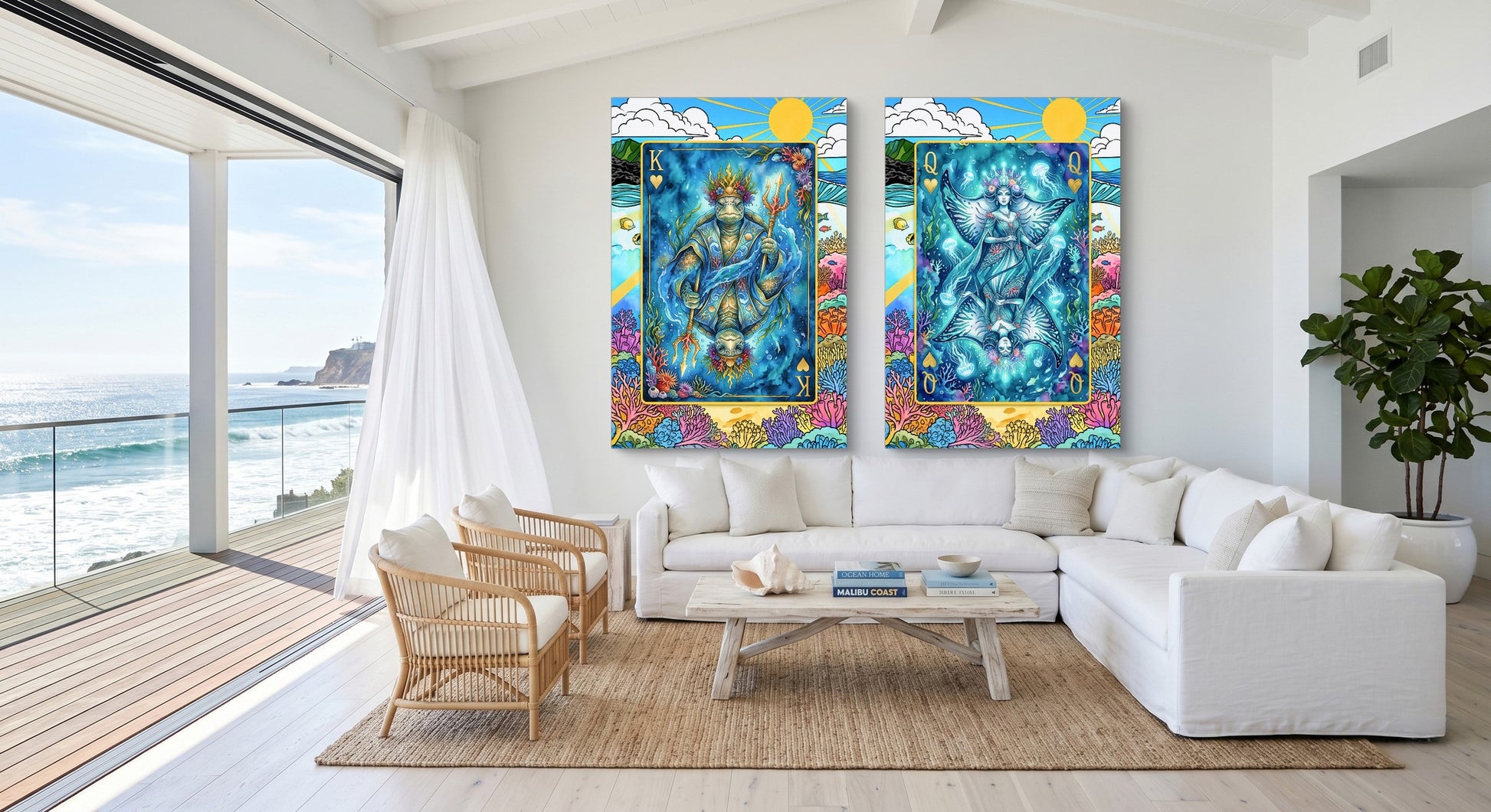 Ocean King & Queen Canvas Set - Sea Creature Cards gallery-wrap canvas in a room