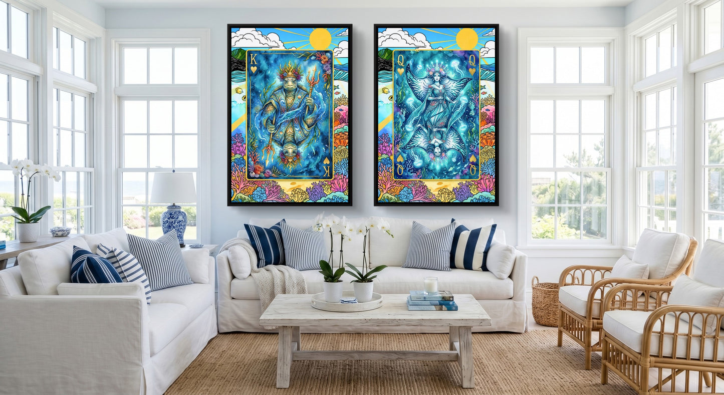 Ocean King & Queen Canvas Set - Sea Creature Cards black-framed canvas in a room