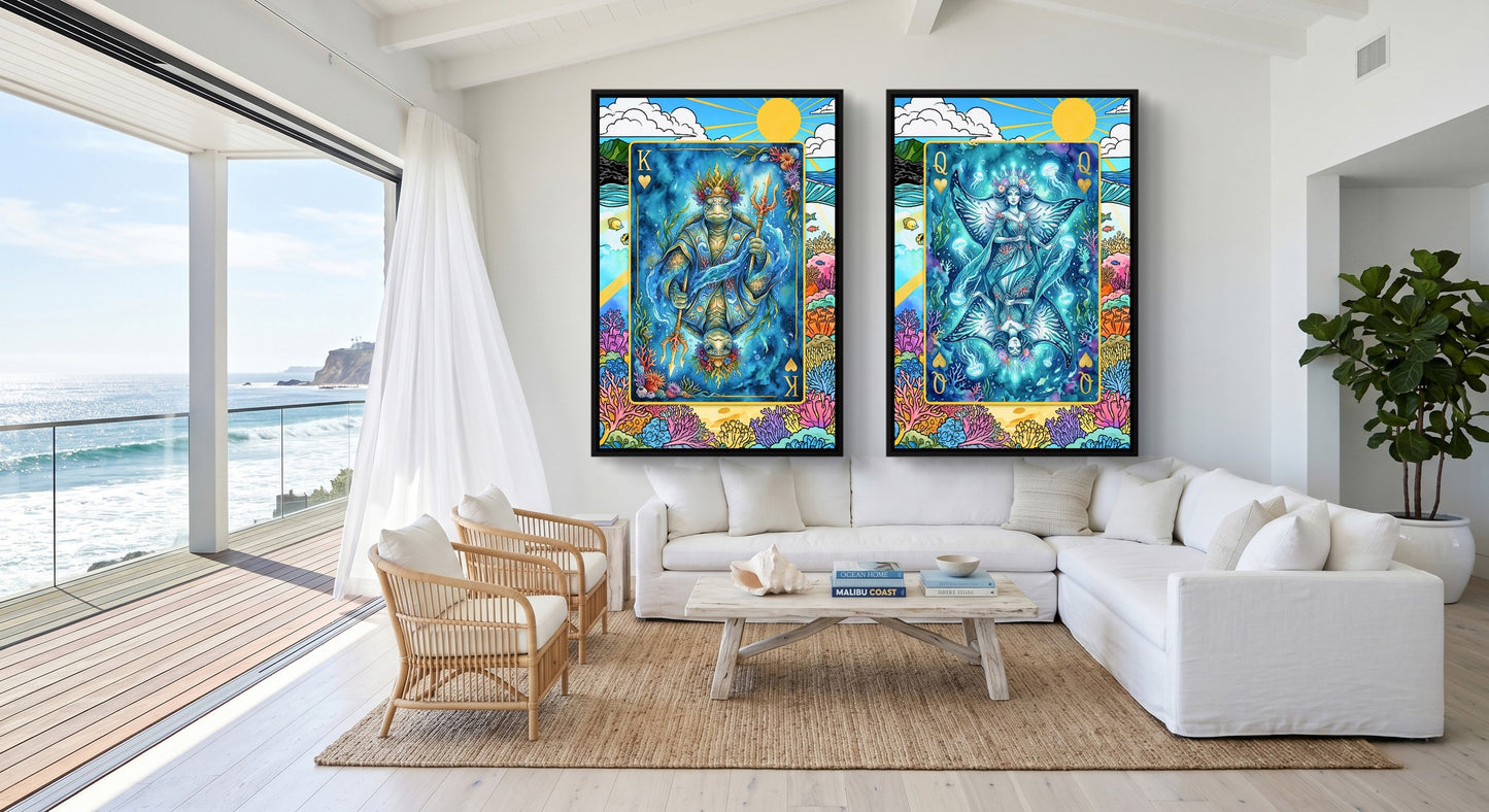Ocean King & Queen Canvas Set - Sea Creature Cards black-framed canvas in a room