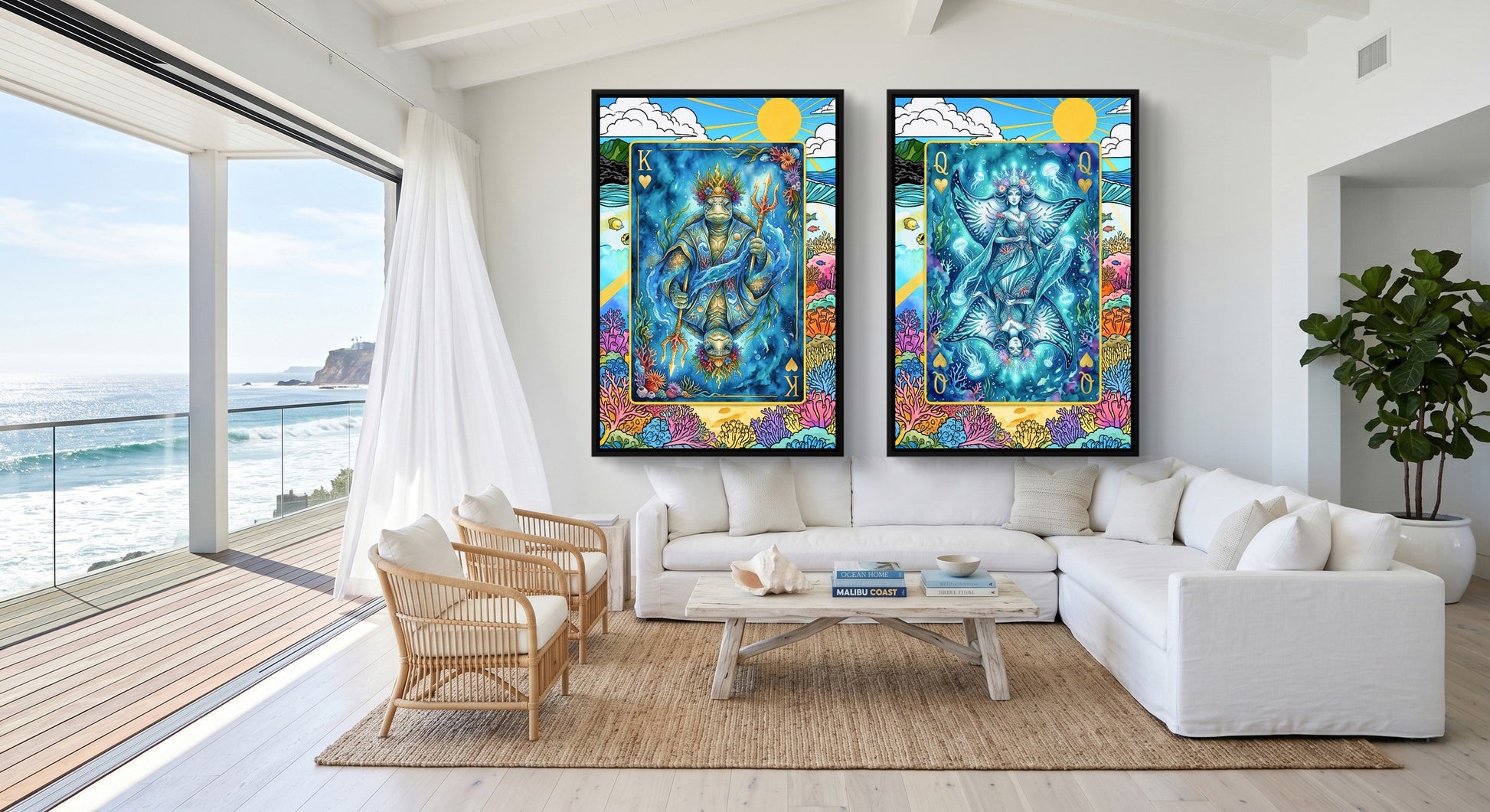 Ocean King & Queen Canvas Set - Sea Creature Cards black-framed canvas in a room