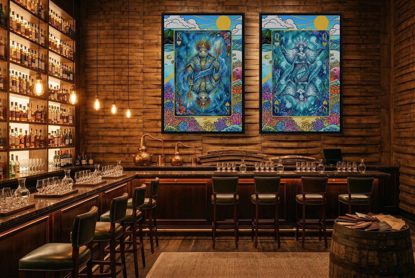 Ocean King & Queen Canvas Set - Sea Creature Cards black-framed canvas in a room