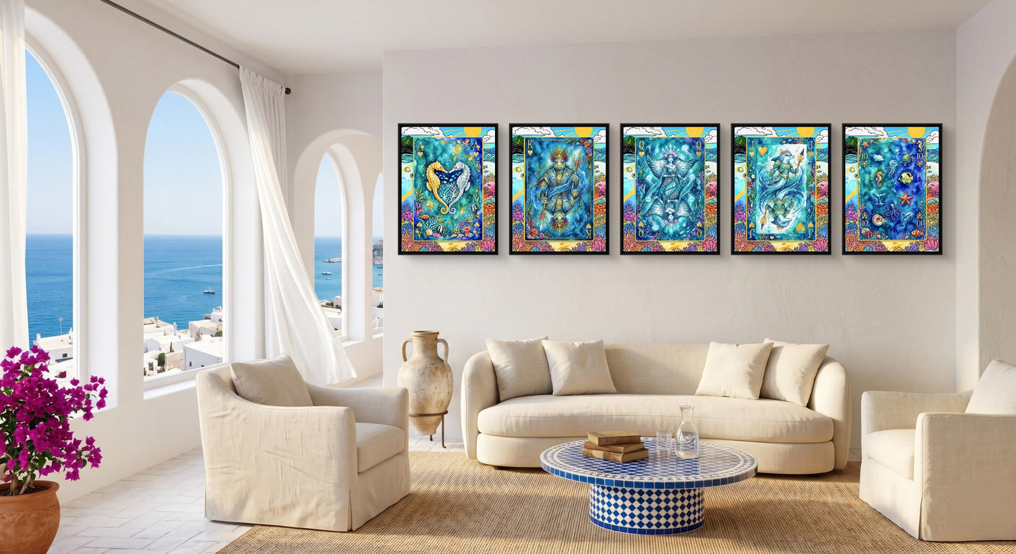 Ocean Poker Canvas Set - Sea Creature Flush all five framed in a row, coastal living room