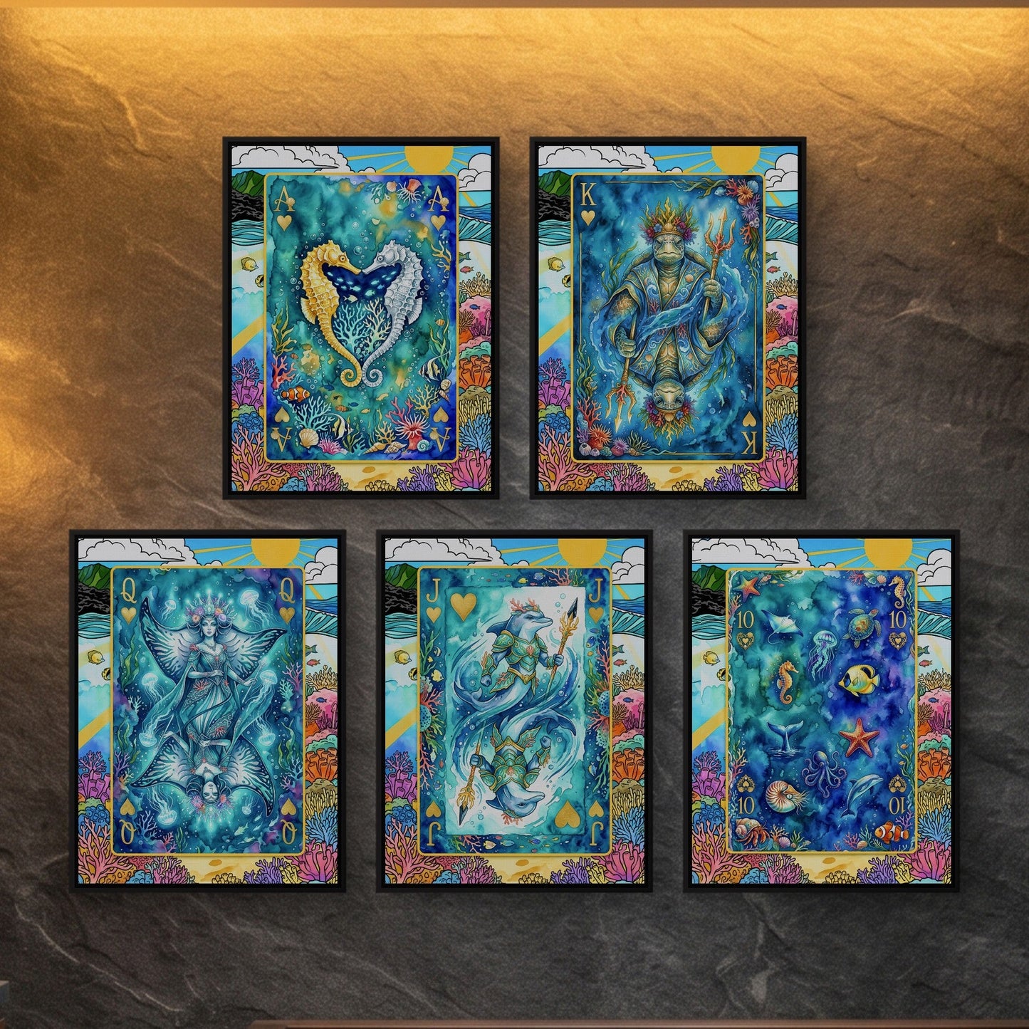 Ocean Poker Canvas Set - Sea Creature Flush framed set on a dark feature wall