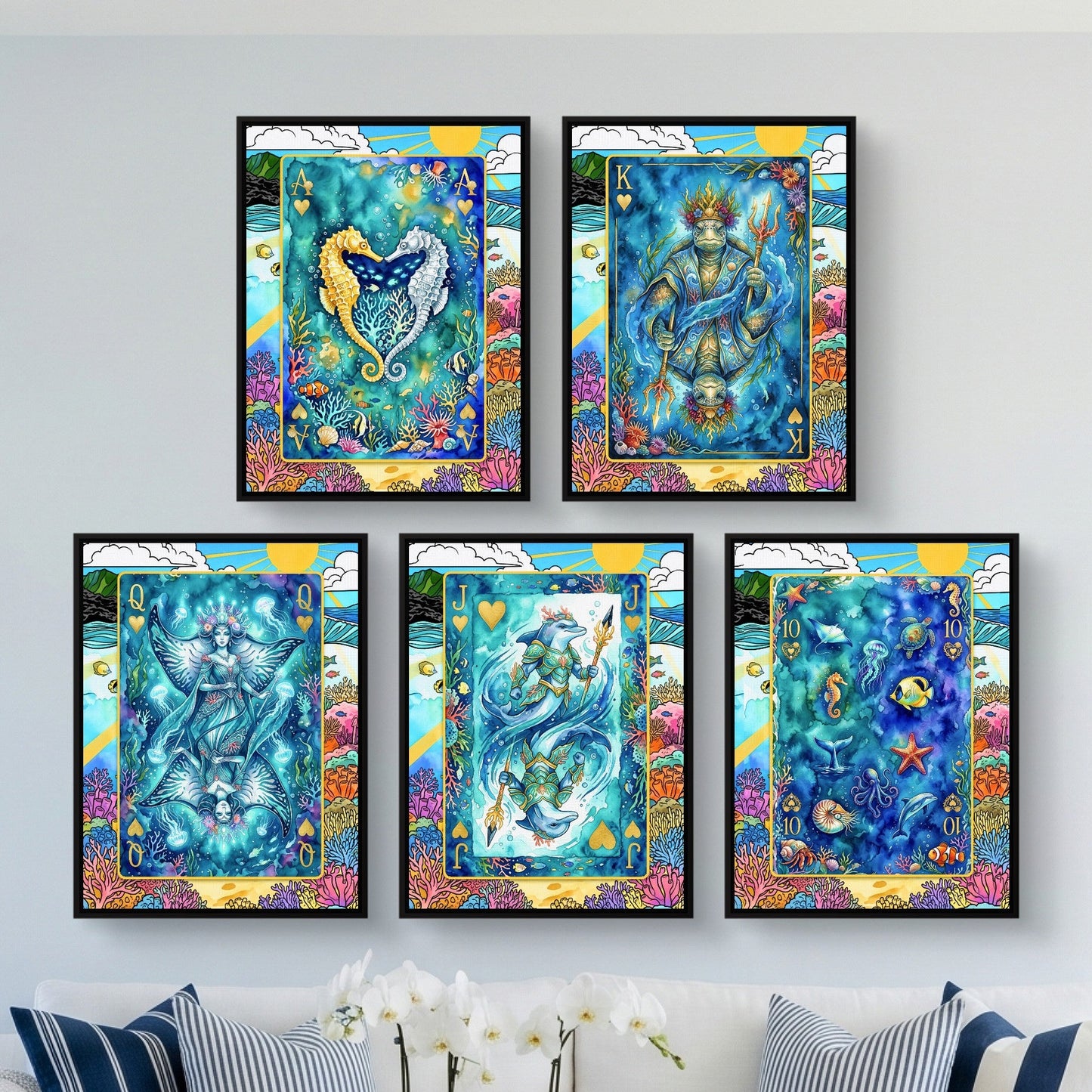 Ocean Poker Canvas Set - Sea Creature Flush framed set in a bright living room